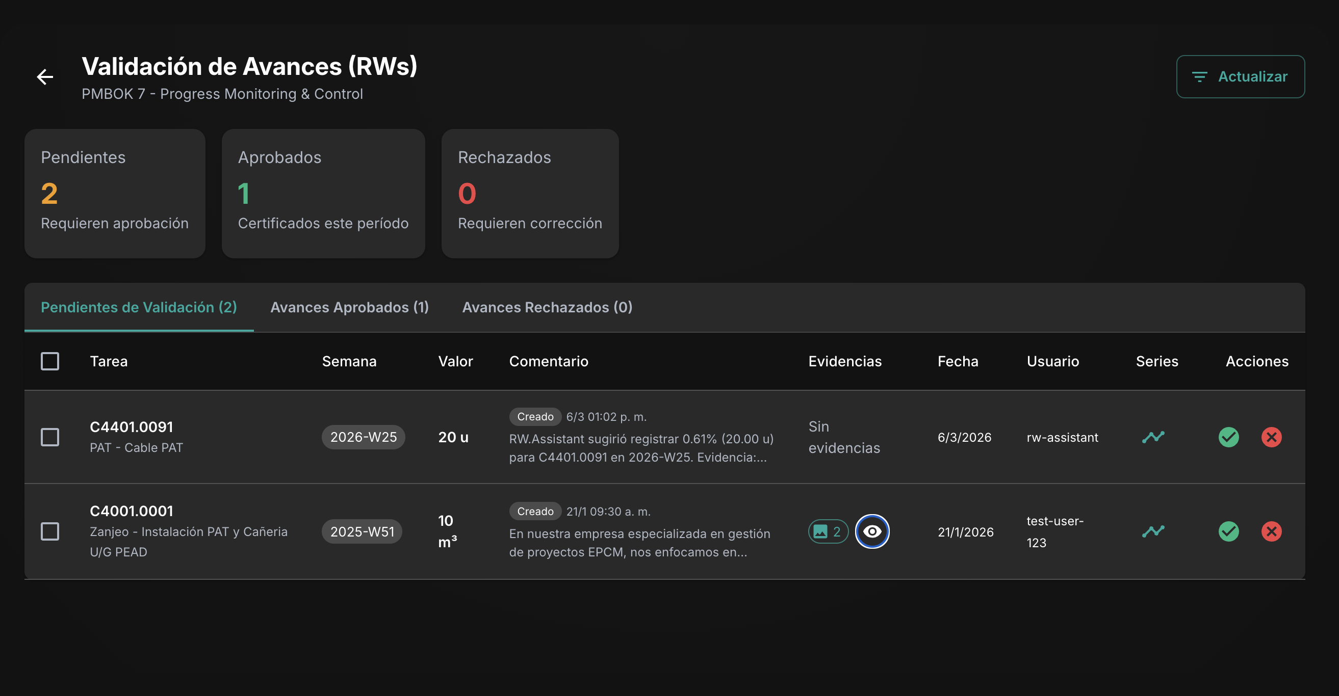 Pantalla de certificados con evidencia adjunta y flujo de aprobación