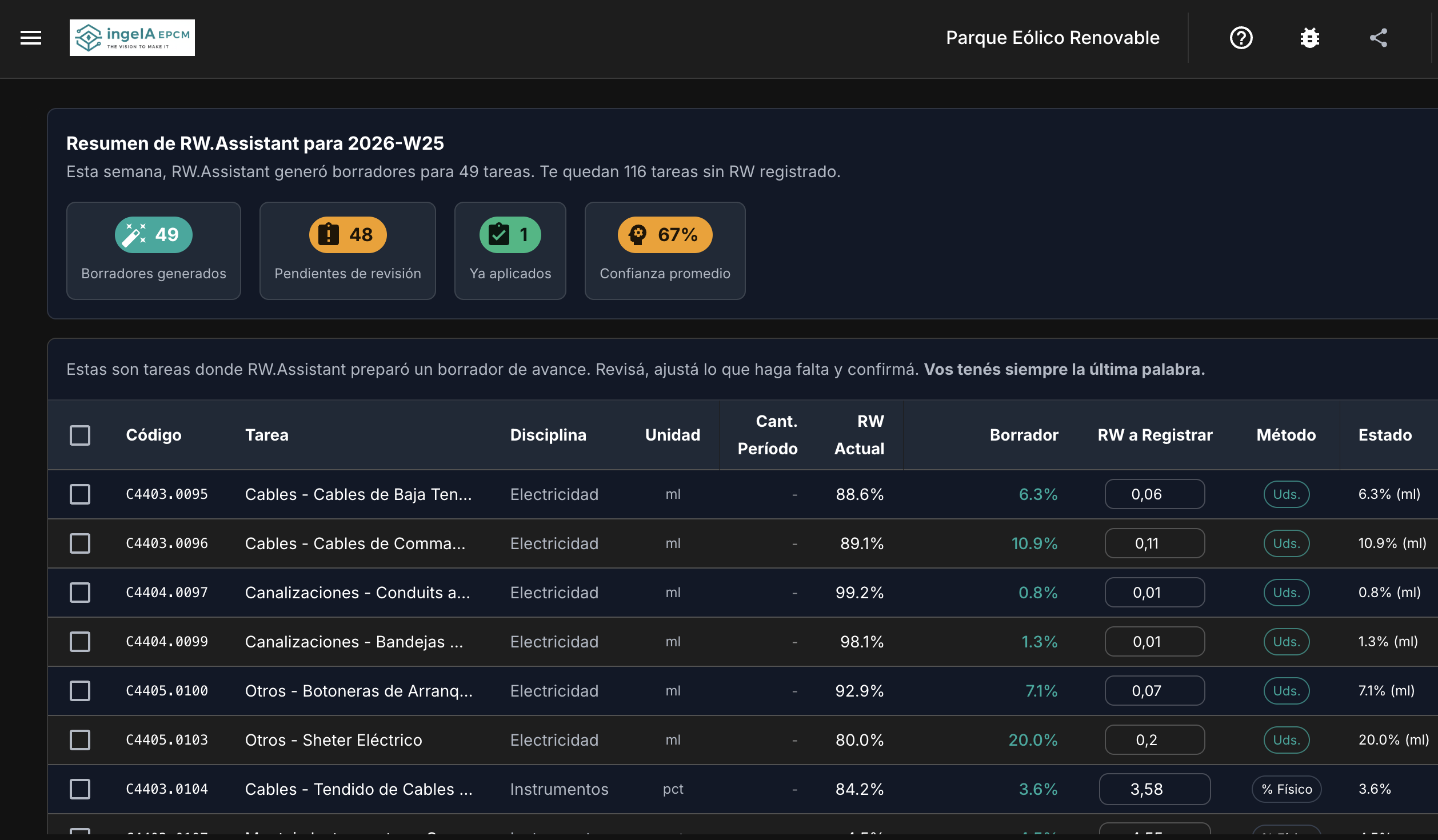 RW.Assistant proponiendo porcentaje de avance con evidencias